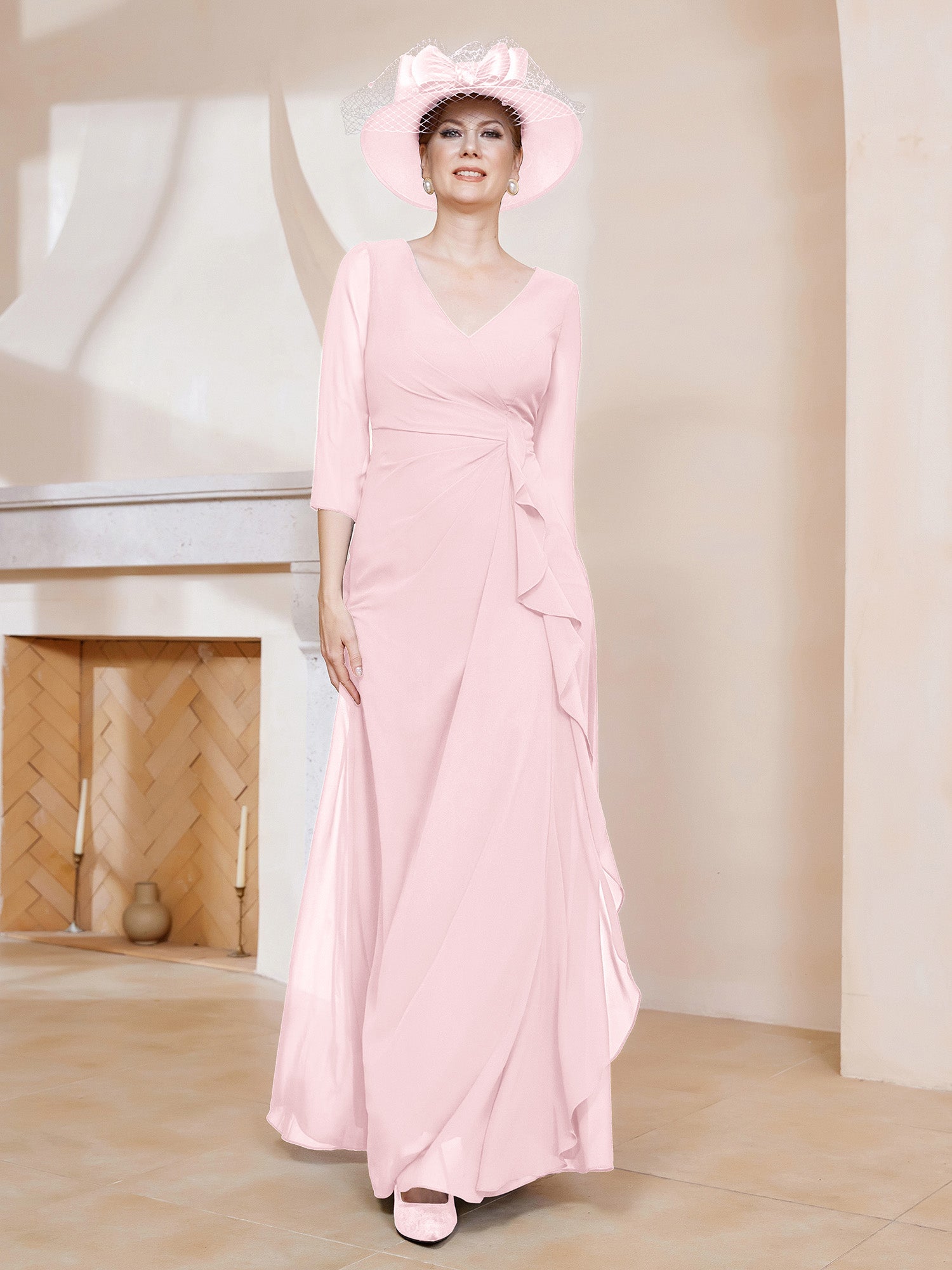 Robe de A-ligne Plissée en Mousseline Longueur au Sol Rose Pâle